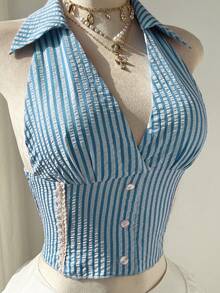 Flirla Women's Pink Striped Deep V-Neck Backless Side Splice Frill Trim Button Design Fitted Sexy Sweet Beach Vacation Blouse - Blue - View 4