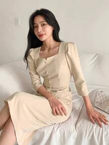 DAZY Women's Square Neck Fitted Waist Short Sleeve Midi Commuter Dress - Khaki - View 2