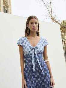 Nöista Blue Dress Features A Two-Tone Floral Print With A Flattering Tie-Front Neckline And Cap Sleeves. Daytime Events, Spring Summer, Easter. - Blue - View 7