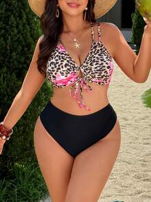 Slaydiva 大码女士两件式泳衣，豹纹和百合花图案，性感泳装，适合海滩、泳池、游艇派对 - 彩色 - 查看 5