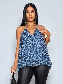 SOLERSUN Women's Elegant Blue Leopard Print Halter Deep V Neck Flowy Drape Pleated Mesh Layered Camisole Tank Top For Summer,Casual,Vacation,Holiday,Party - Baby Blue - View 3