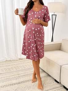 SHEIN Maternity Heart Print Button Front Short Sleeve Dress - Pink - View 4
