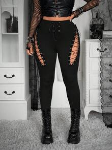 Whyspr 女士街头风长款抽绳针织打底裤，春夏款 - 黑色 - 查看 1