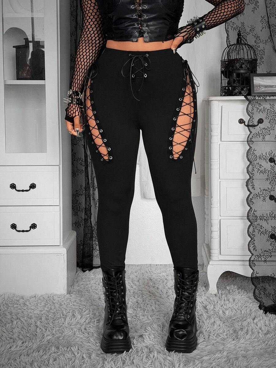 Whyspr 女士街头风长款抽绳针织打底裤，春夏款 - 黑色 - 查看 1