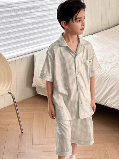 DAZY Bộ đồ ngủ ngắn tay và quần short cho bé trai tuổi thiếu niên, có cúc cài phía trước và túi.