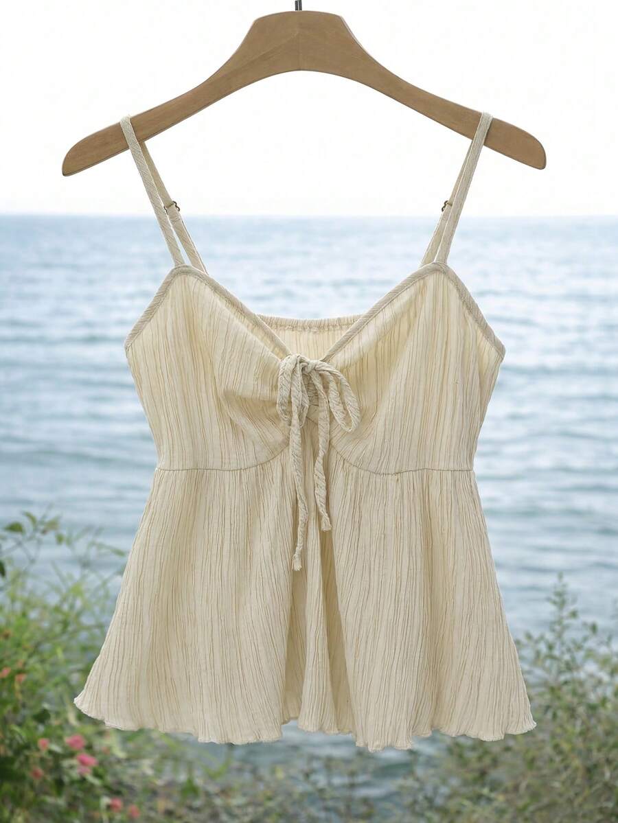 Elenzga petite Áo hai dây màu trơn, đa năng, thoải mái cho mùa hè. - Màu be - Xem 1