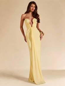 SHEIN BAE Đầm maxi màu vàng kem gợi cảm cổ chữ V sâu, kiểu yếm, đầm vàng, đầm dài thanh lịch, đầm lưới đi biển. - Vàng nhạt - Xem 7
