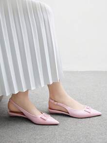 CUCCOO CHICEST 女士方扣尖头低跟平底鞋，独特鞋跟设计，百搭舒适，酒红色漆皮一脚蹬平底鞋，适合上班和通勤 - 粉色 - 查看 5