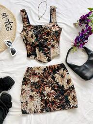 Soleia Women's Vintage Palace Style Colorful Floral Jacquard 2-Piece Set,Bustier & Mini Skirt,Black Floral,Summer,Boho,Holiday,Vacation,Holiday Two Piece Set