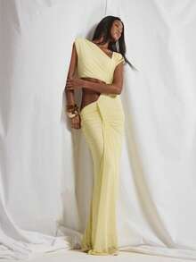 MUSERA Asymmetric Off The Shoulder Ruched Draped Cut Out Waist Floor Length Maxi Dress Cute Holiday Sexy Night Out Vacation Spring Summer Elegant Soleil Drape - Yellow - View 3