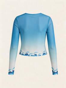 Radiana Plus Size Women's Light Blue Autumn 90s Vacation Holiday Coconut Tree Ombre Print Sheer Mesh T-Shirt BOHO Y2k Beach Beach Vacation Music Festival - Multicolor - View 8
