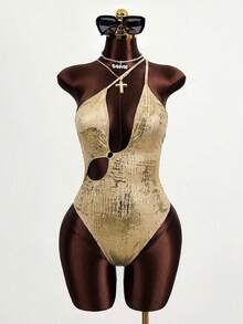 Zestiva Women's Metal Texture One-Piece Swimsuit, Suitable For Beach Vacation, Pool Party, Beach Party Woman Body Suit Bodysuits For Ladies - Gold - View 1