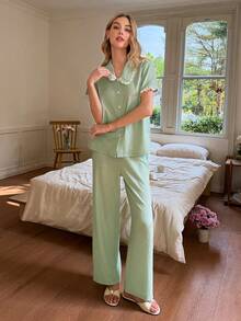 SHEIN Women's Cute & Sweet Embroidered Lace Collar Pocket Applique Pajama Set/Holiday Sleepwear Set - Green - View 7