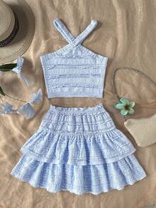 SHEIN Bộ đồ hai mảnh cho bé gái tuổi teen gồm áo cổ chéo kẻ sọc màu trơn và chân váy xòe cạp cao họa tiết hoa, thích hợp cho kỳ nghỉ, lễ hội âm nhạc, tựu trường, tiệc tùng, ăn trưa, tiệc trà chiều ngoài vườn. - Màu xanh lam - Xem 2