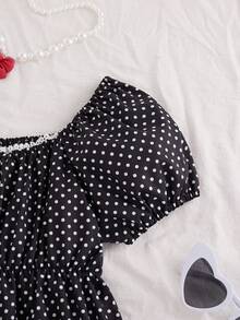 Blusa de punto con botones, cuello de volantes, escote en U, ajustada, estampado de lunares, uso diario y versátil para niñas preadolescentes - Negro - Ver 3