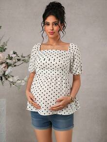 Momance Maternity Summer Retro Elegant Vacation Style Polka Dot Print Petal Sleeve Tie Back Babydoll Top - Beige - View 5
