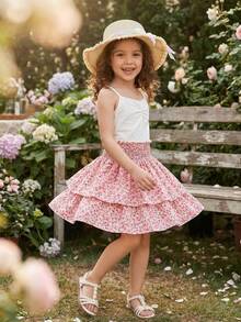 SHEIN 2pcs Tween Girls Fitted Casual Ditsy Floral Ruffle Hem Camisole & Mini Skirt Set - Multicolor - View 2