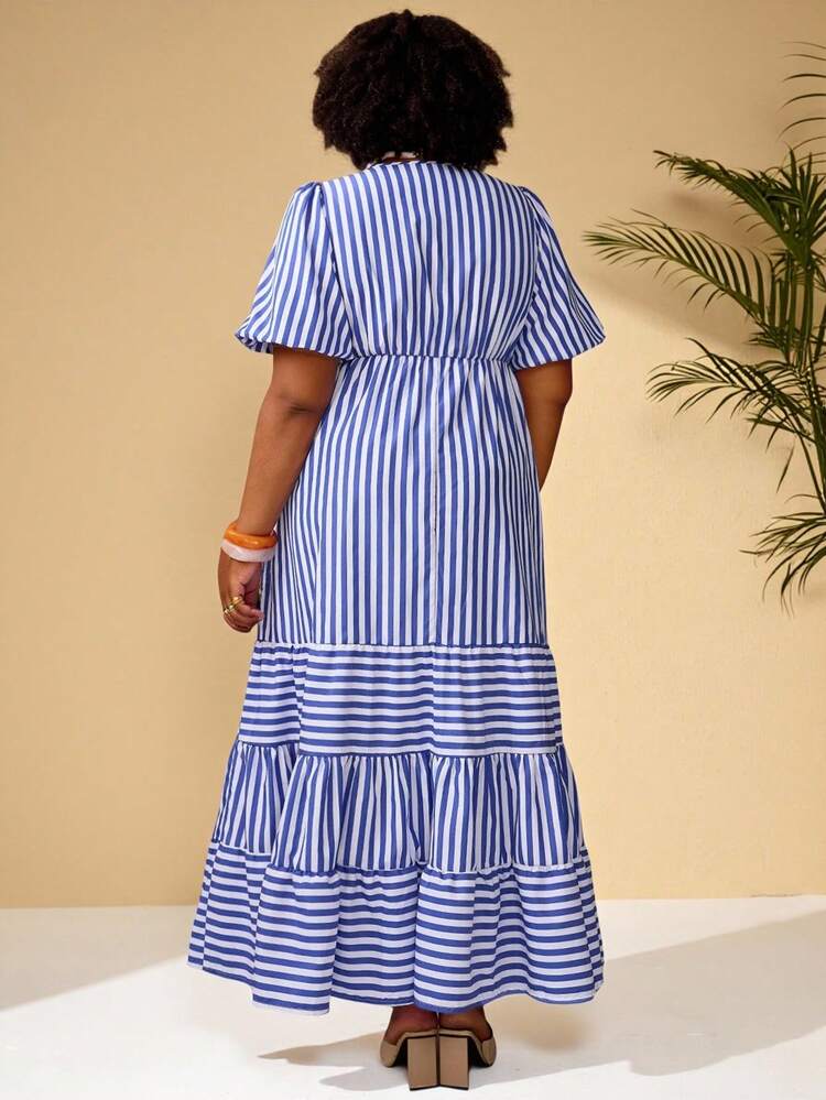 Plus Size Women's Early Spring Casual Vacation Blue & White Striped Patchwork Lantern Sleeve Long Dress,Early Spring,Spring Break Outfits ,Vacation Outfits Women ,Holiday Outfits For Women,Spring Dress Women,Going Out Outfits,2026 New Clothes,Simple And Fashionable For Everyday Wear, Blue And White Striped Dress, Vacation Maxi Dress, Women Vacation Dress,