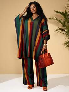 BrightlyHer Plus Size Women Loose V-Neck Patchwork Batwing Sleeve Top And Wide Leg Pants Vacation Outfit Set,Spring/Summer - Multicolor - View 2