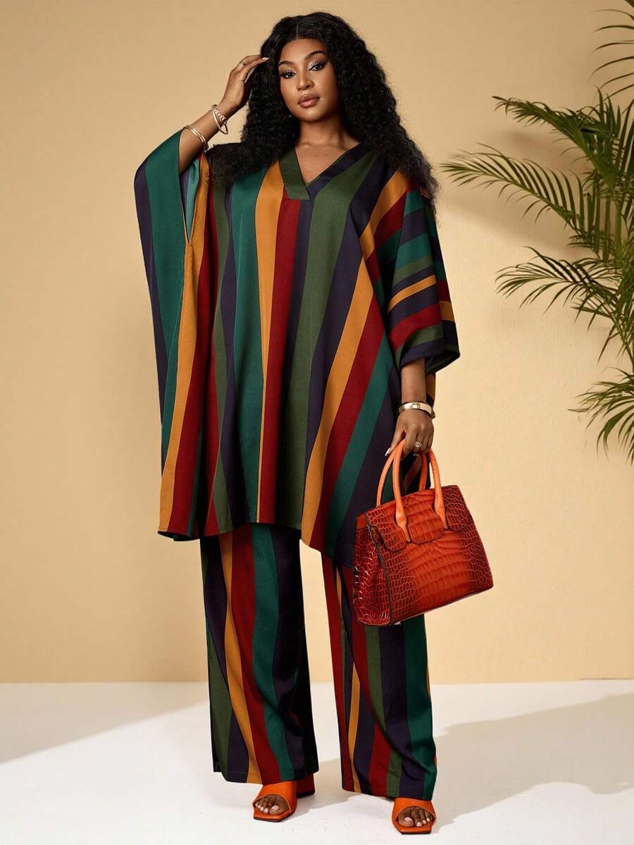 BrightlyHer Plus Size Women Loose V-Neck Patchwork Batwing Sleeve Top And Wide Leg Pants Vacation Outfit Set,Spring/Summer
