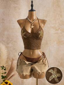 SaltGleam SaltGleam Women's Brown Hollow-Out Sequin Five-Pointed Star Design Backless Halter Top, Vacation & Casual Wear, Spring/Summer - Brown - View 1