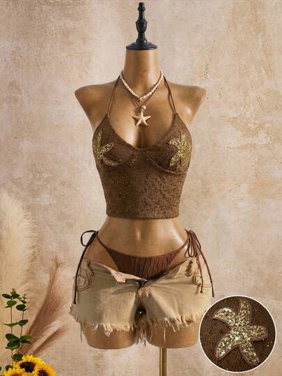 Lyxana Women's Coffee Brown Hollow-Out Sequin Star Backless Halter Top, Summer Casual Beach Vacation Holiday Boho, Poolside Resort Wear Festival Outings