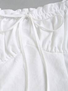 Sweetra Vestido corto romántico y dulce para mujer, con hombros descubiertos, mangas abullonadas, cintura con cordón, bajo asimétrico con volantes, elegante y refinado vestido blanco para fiestas y citas en primavera/verano - Blanco - Ver 3