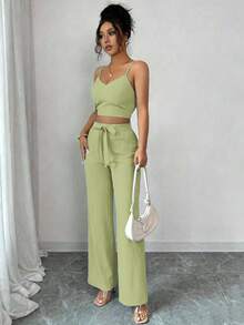 SHEIN PETITE Women's Casual Solid Color High Waist Camisole & Wide Leg Pants Set - Yellow - View 4