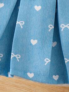 Souflis Souflis 女童两件套：无袖珍珠纽扣蝴蝶结背心 + 百褶蝴蝶结半裙，蓝色，优雅休闲风，夏季 - 藍色 - 查看 6