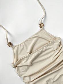 Elamini 新款优雅夏季女式连衣裙，性感修身迷你裙，褶皱装饰，不对称荷叶边下摆设计，适合约会、度假、派对、情人节、旅行等场合，杏色 - 杏色 - 查看 6