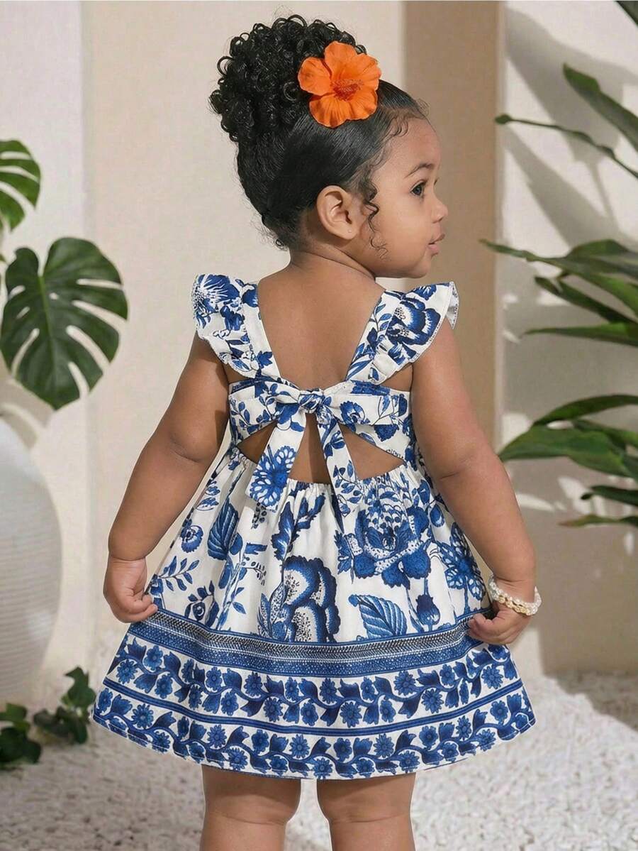 SHEIN Baby Girls Casual Vacation Floral Print Frill Trim Bowknot Backless Fit And Flare Dress - Blue - View 1