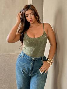 Auralis Plus Size Women's Lace & Sequin Splice Camisole,Army Green,Summer,70's,Night Out Club,Party,Y2K High Street Form-Fitting Vest For Music Festival - Army Green - View 4