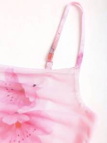 Sweetra 甜美法式风情假日吊带设计夏季华丽网纱印花修身喇叭下摆深V领长裙 - 粉色 - 查看 5