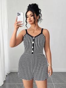 Elenzga Plus Size Fashionable Houndstooth Romper For Summer - Black and White - View 4