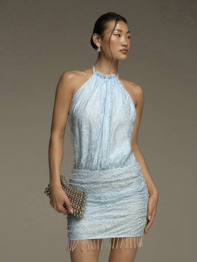 COSMINA Women's Baby Blue Lace Spaghetti Strap Ruched Mini Bodycon Dress With Crystal Fringe Hem, Party, Banquet, Vacation, Casual Y2K Mini Lace Dress, Fringe Dress, Solid Color Mini Dress, Blue Mini Skirt, Pastel Blue Dress