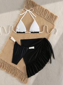 Bonvoyette Bộ bikini 3 món dành cho nữ với chân váy xếp ly buộc dây, kiểu dáng tối giản, thời trang, phối màu tương phản, gợi cảm, hở lưng, thích hợp cho bơi lội, kỳ nghỉ, du lịch biển. - màu đen - Xem 2