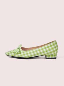 CUCCOO DOLLMOD Women's Green And White Plaid Square Toe Low Vamp Shoes, Satin Bow Flats, Fresh And Sweet Daily Commuting Versatile Women's Shoes - green and white - View 7