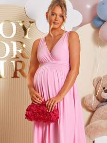 Loomaby Đầm bầu không tay cổ chữ V màu trơn, kiểu dáng thanh lịch. - Hồng - Xem 11