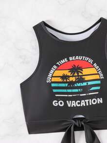 Swim Lushoire Bộ đồ bơi vest in khẩu hiệu cây cọ mùa hè cho bé gái - màu đen - Xem 6