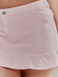 MUSERA Chân váy mini denim màu pastel ôm sát, viền bèo nhún, thích hợp cho mùa xuân hè, dễ thương, nữ tính, đi nghỉ mát, đi biển, mặc hàng ngày, phong cách sorbet. - Hồng - Xem 6
