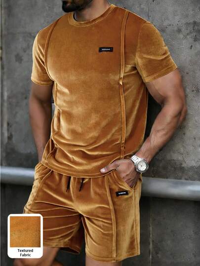 Manfinity CasualCool Men's Casual Letter Print T-Shirt And Shorts Set, Summer Orange 2 Piece Set Men Apricot Two Piece Set Men Streetwear Men Outfit 2 Piece Velvet Tracksuit Men Casual Two Piece Set Old Money,Daily Leisure, Weekend Trips, Outdoor Activities, Travel Expeditions, Relaxed Work Environments Or Semi-Formal Occasions, Boyfriend/Husband Gift, Anniversary /Birthday Gift Party Summer Vacation Holiday,Wedding,Spring To Summer Men Cruise Outfit Yacht Outfit Men Men Beach Outfit Set