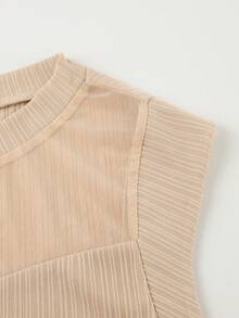 Franclia 夏季新款小众圆领短袖休闲简约修身网纱拼接T恤，女士背心，女士短袖上衣，女士夏季上衣。女士紧身衣。 - 卡其色 - 查看 4