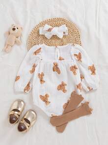 SHEIN White Autumn Cute Baby Shower Matching Family Newborn Fashion Printed Teddy Bear Bubble Long Sleeve Bodysuit With Headscarf And Brown Ribbed Socks - White - View 2