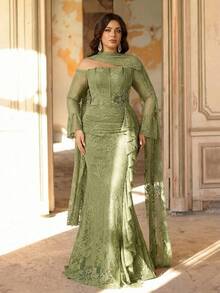 Aureia 大码优雅奢华酒红色露肩蕾丝拼接荷叶边薄纱袖珠饰贴花不对称荷叶边下摆美人鱼式正式礼服（华丽装饰设计），适合所有正式场合和晚宴 - 綠色 - 查看 7