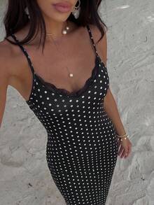 Bonvoyette Women's Fashion Black & White Polka Dot Print Contrast Lace Dress - Black and White - View 1