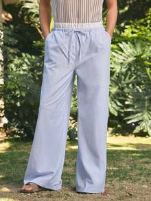 Open Phase Men's Woven Striped Loose Wide-Leg Casual Straight Pants, Going Out Long Drawstring Baggy Basic Light Blue Slacks Pants, Fits Daily Wear, Husband, Boyfriend Gifts, Fall - Baby Blue - View 1