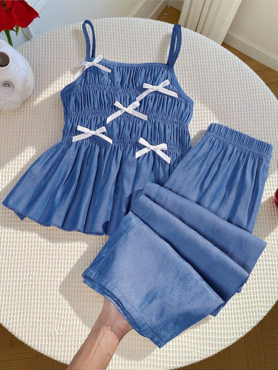 两件套少女蝴蝶装饰吊带背心和直筒裤夏季度假套装 - 藍色 - 查看 1
