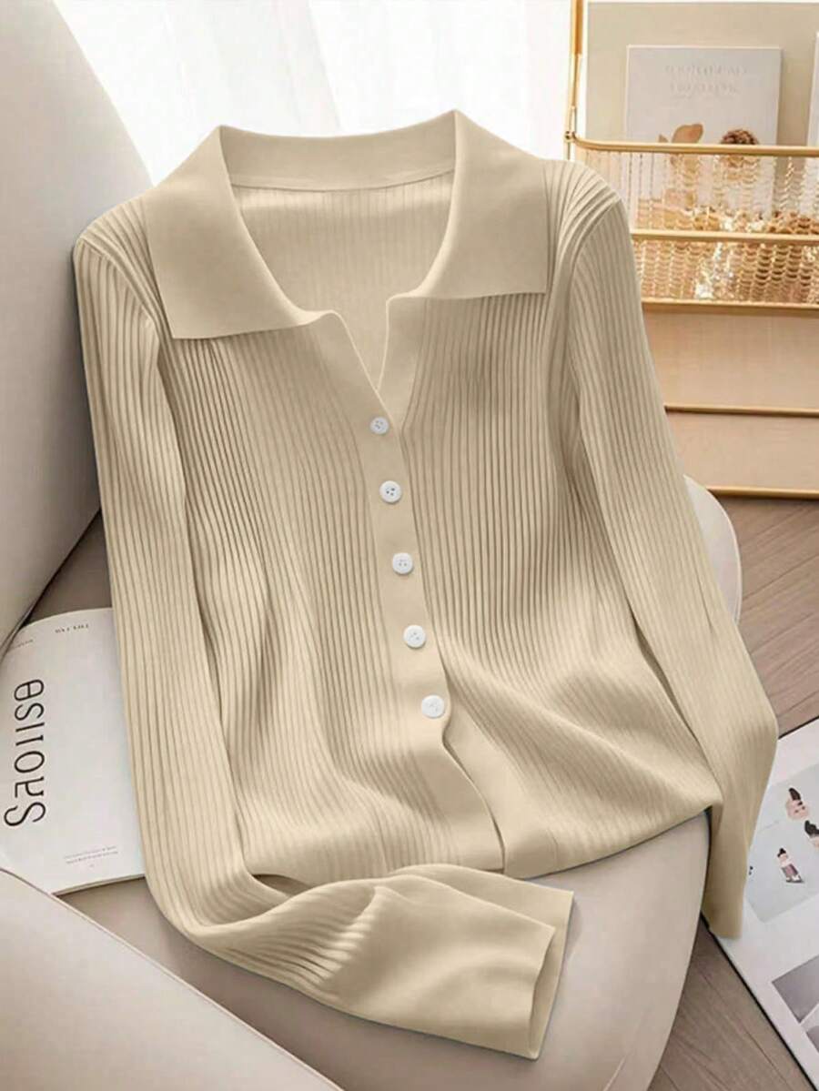 Franclia New Arrival Spring/Autumn Fitted Short French Chic Polo Collar Fashionable Versatile Women Knit Cardigan - Apricot - View 1