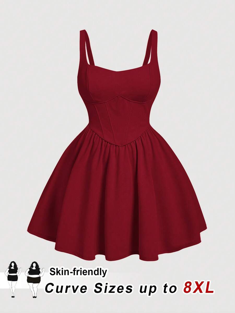 SHEIN CURVE+ 加大码/情人节/大码女式酒红色纯色修身吊带连衣裙