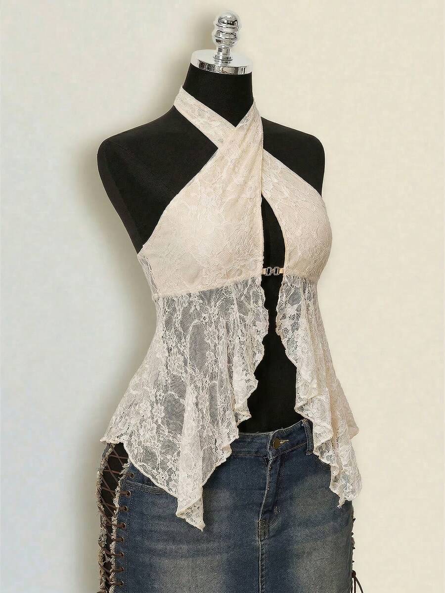 SHEIN ICON Áo tank top ren nữ, vạt lệch, cổ yếm chéo - Màu be - Xem 1